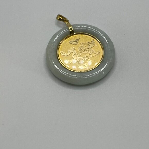 14K Yellow Gold & Green medallion Jade Pendant With Dragon Design read - Picture 2 of 10